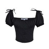 Daiiibabyyy  Sexy White U Collar Metal Hook Buttons Short Puff Sleeve Shirt Women Tie Bow Shoulder Center Slim Crop Tops Black