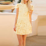 Daiiibabyyy  Sexy Lace Hollow Out Slim Fit Mini Dress Women Casual Short Sleeve Evening Dress Fashion Stand Collar Women's Solid Party Gowns