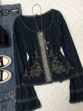 Daiiibabyyy  Y2K Vintage Black T Shirts Women Harajuku Streetwear Lace Floral Crop Tops Summer Sexy Gyaru Grunge Flare Long Sleeve Tees