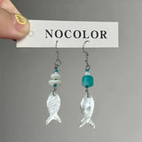 Daiiibabyyy  Y2K Blue Small Fish Pendant Earrings for Women Fashion Sweet Crystal Asymmetric Ear Buckle Seaside Vacation Jewelry Accessories