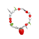 Daiiibabyyy One Piece Fashion Cute Y2K Green Leaves Strawberry Love Heart Star Alloy Silver Colour Bracelet Woman Party Gift Daily Jewelry