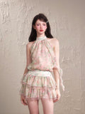Daiiibabyyy  2 Piece Set Women Outfits Floral Chiffon Halter Shirts Korean Ruffles Patchwork Mini Skirt Summer Fashion Design Matching Sets