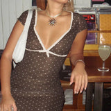 DAIIIBABYYY  -  Women's Summer New Polka Dot Spliced Color V-Neck American Style Fashion Elegant Slim Short Sleeve Commuter Aesthetic Dresses