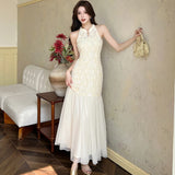 DAIIIBABYYY  -  Summer White Jacquard Patchwork Mesh Ruffled Maxi Dress Women Elegant Luxury Neck-mounted Sexy Dress 2025 Korean Bodycon Dresses