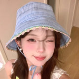 Daiiibabyyy  Women's Cute Hats Blue Bucket Hats Weet Style Lace Sweet Girl Fisherman Hat Summer Sun Protection Hat Trend Korean Version Caps