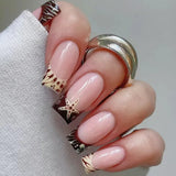 Daiiibabyyy  24PCS Simple Star French Press on False Nails with Glue Retro Leopard Print Patterns Medium Square Wearable Fake Nails for Women