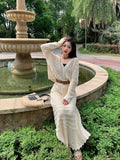 DAIIIBABYYY  -  Knitted Two Piece Sets Women's 2pc Crochet Hollow Out Fashion Long Sleeve V Neck Shirt Cardigan&High Waist A Line Skirt Suits