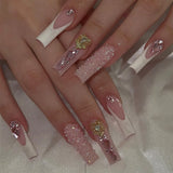 Daiiibabyyy  24Pcs Press on Nails Long Square False Nails with Rhinestone Glitter White French Fake Nails Detachable Ballet Nail Art Tips