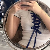 DAIIIBABYYY  -  Summer Pure Sexy Sweet Women Lacing Slim T-shirt Fresh Jacquard Weave Pit Strip Round Neck Contrasting Colors Short Sleeve Tops