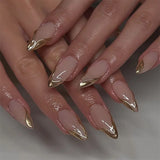 Daiiibabyyy  24Pcs Mid-length Almond False Nails with 3D Irregular Gilding Full Cover Nails Tips Cat's Eye Pearl Wearable Press on Fake Nails