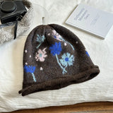 DAIIIBABYYY  -  Korean Flower Jacquard Crimped Knitted Hat Winter Outdoor Warm Ear Protection Big Head Drawstring Design Women Skull Beanie Cap