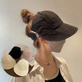 Daiiibabyyy Foldable Wide Brim Ponytail Sun Hat Drawstring Adjustable Cap  Summer Quick-dry Visor Fisherman CapFor Women Beach Hat