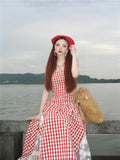 DAIIIBABYYY  -  Retro Red Plaid Holiday Long Dress Lace Patchwork Slash Neck Summer A Line Strap Dress Sleeveless Midi Beach Dress