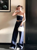 DAIIIBABYYY  -  Pants Set Women's Summer Blue Contrasting Strapless Hot Girl Top High Waist Slimming Denim Pants Two-piece Set Female Clothes