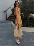 Daiiibabyyy  Elegant O-neck Sleeveless Ruffle Trim Dress Fashion Yellow Floral Printed Mini Dress For Women Lady Beach Holiday Vestidos