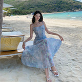 Daiiibabyyy  Blue Mermaid Princ Floral Embroidery Strap Dr Women's Beach Vaion Bal Waist Cinching Long Dr Summer Faion