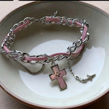 Daiiibabyyy  Y2K White Zircon Cross Pendant Necklace for Women Exquisite Leather Rivet Star Tassel Choker Vintage Punk Versatile Jewelry Gift