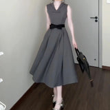 DAIIIBABYYY  -  Women's New French Round Neck Grey Dress Two Sided Wear Style Summer Butterfly Knot Waist Design Sleeveless Ankle-Length Dresses