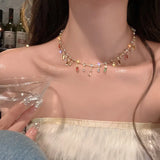 Daiiibabyyy  Romantic Colorful Rhinestones Tassel Necklaces for Women Bohemian Simple Zircon Heart Necklaces Y2K Friendship Jewelry Gifts
