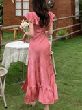 Daiiibabyyy New Summer French Vintage Midi Dresses for Women V-neck Ruffles A-line High Split Party Dress Prom Robe Elegant Vestidos Mujer
