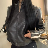 Daiiibabyyy  Fashion Trendy Motorcycle Style Pu Leather Jacket Autumn Winter Short Coat Women Gothic Vintage Punk Streetwear Striped Top