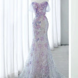 Daiiibabyyy  Elegant Floral Print Off-Shoulder Prom Dress Women Floor Length Sequin Sleeveless Lace-up Wedding Dress Customized Evening Gowns