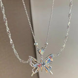 Daiiibabyyy   -  Personality Design Butterfly Crystal Double Layer Pendant Necklace for Women Charm Heart Zircon Choker Chain Punk Girls Jewelry