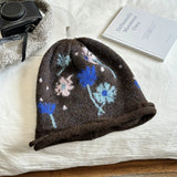 DAIIIBABYYY  -  Korean Flower Jacquard Crimped Knitted Hat Winter Outdoor Warm Ear Protection Big Head Drawstring Design Women Skull Beanie Cap