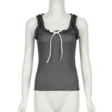 DAIIIBABYYY  -  Women's New Summer Pullovers Square Collar Bow Plaid Spliced Floral Fashion Sweet Fresh Slim Sleeveless Vests Comfortable Tops