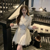 Daiiibabyyy  Elegant Mini Party Dress Women Fashion Mesh Patchwork Pleated Dresses Autumn Korean Double Breasted Long Sleeve Bodycon Vestidos