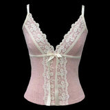 DAIIIBABYYY  -  Contrast Lace Trim Patchwork Camisole Y2K Aesthetic Bow Tie-up Straps Crop Tops Ribbed Corset Cute Skinny Vest Lolita Tops