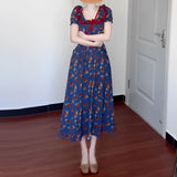 Daiiibabyyy  women's blue bubble sleeve floral dress women's summer sweet pinched waist floral  long dress