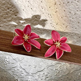 Daiiibabyyy  Vintage Dark Red Enamel Flower Stud Earrings European and American Vacation Style Sweet Floral Jewelry For Women