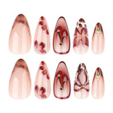 Daiiibabyyy  24pcs Vintage Flower Press On Nails Wine Red Bowknots Cherry Designs Almond False Nails French Style Reusable Fake Nail Tips