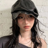 Daiiibabyyy  Spring New Rivet Punk Style Leather Beret Women Hat Pleated Design Spice Girls Fashion Beret Trendy Ladies Cool Chic Beret Hat