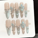 Daiiibabyyy  10pcs Handmade Long Oval Press On Nails Ice Blue 3D Butterfly Flower Design False Nail Tips For Wedding Wearable Fake Nails