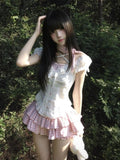 Daiiibabyyy  Summer Japanese Kawaii Lolita Sweet 2 Piece Sets Women Pink Y2k Cute Tops + Mini Skirt Korean Style Princess Sweet Chic Outfits