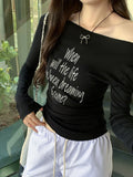 DAIIIBABYYY  -  Y2k Aesthetics White Letter Print Vintage Tops 2025 Spring Harajuku Slim Fit Slash Neck T-shirt Streetwear Grunge Bodycon Tees