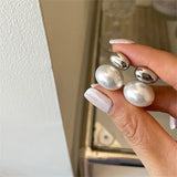 Daiiibabyyy  French Simple Oval Geometric Metal Bean Pearl Stud Earrings Women Temperament Jewelry For Party and Daily Wearing