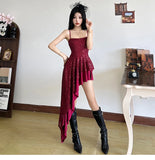 DAIIIBABYYY  -  Sweet Spicy Girl Red Sequins Sling Dress Female Slim High Waist Irregular Sparkling Strap Short Dresses Summer New Style