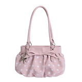 Daiiibabyyy  Polka Dot Ruched Shoulder Bag With Star Pendant Women Bow Decor Large Capacity Hobo Bag Retro Versatile Handbag For Daily Commut