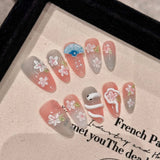 Daiiibabyyy  10pcs Glossy Pink Press On Nails Handmade Flash Cat's Eye False Nails 3D Flower Golden Edge Designs Fake Nail Tips For Women