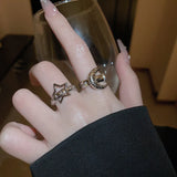 Daiiibabyyy New Rhinestone Pentagram Star Moon Ring for Women Charm Cool Trendy Aesthetic Luxury Accessories Korean Fashion Jewelry Gift