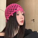 DAIIIBABYYY  -  Solid Color Versatile Handmade Hollow Crocheted Knitted Hat For Women Girls Personalized Beaded Design Hollow Pullover Hat Gifts