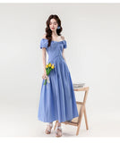 Daiiibabyyy  New Summer French Elegant Sexy Slash Neck Simple Summer Dress Women's Slim Waist Fuff Short Sleeve Solid Long Evening Dress