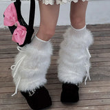Daiiibabyyy  Faux Rabbit Fur Leg Warmers Winter Thickened Plush Bow Tie Plush Leggings Cold Protective Leggings Boot Cover Y2k Punk Socks