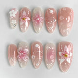Daiiibabyyy  24Pcs French White Gradient Almond Press on Nails Flower Pattern False Nails with 3D Rhinestone Design Fake Nail Art