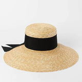 Daiiibabyyy  Summer Seaside Big Brim Straw Hat Women's Vacation Beach Sun Hats Bow Ribbon Wide Brim Wheat Straw Flat Top Boater Hat