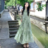 Daiiibabyyy  New Chinese Style Women's Sleeveless Halter Dress Summer Suspender Floral Long Skirt