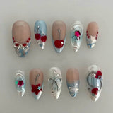 Daiiibabyyy  10pcs Cat's Eye False Nails Tips with Flower Design Long Almond Fake Nail Strawberry Bow Pattern Press on Nails French Manicure